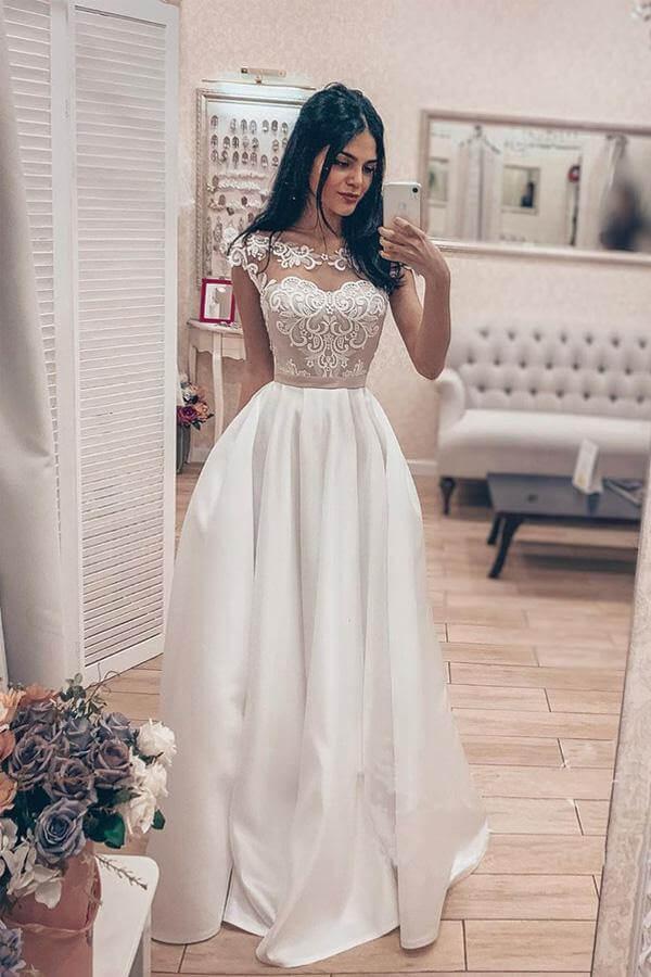 NumberSea Vintage A-line Satin Lace Bodice Bateau Neck Corset Back Wedding Dresses, MW747