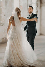 NumberSea Vintage Beaded A-line V-neck Spaghetti Straps Lace Wedding Dresses, MW582
