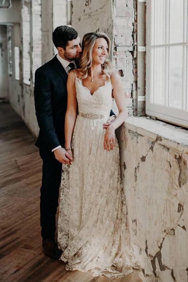 NumberSea Vintage Beaded A-line V-neck Spaghetti Straps Lace Wedding Dresses, MW582