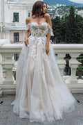 NumberSea Vintage Lace A-line Sweetheart Off-the-Shoulder Beach Wedding Dresses, MW735