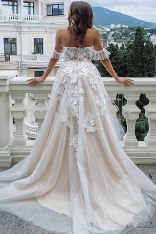 NumberSea Vintage Spitze A-Linie Herzausschnitt Off-the-Shoulder Strand Brautkleider, MW735