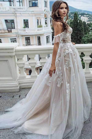 NumberSea Vintage Spitze A-Linie Herzausschnitt Off-the-Shoulder Strand Brautkleider, MW735