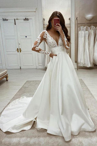 NumberSea Vintage Satin Spitze Ballkleid Tiefer V-Ausschnitt Brautkleider, Brautkleid, MW593
