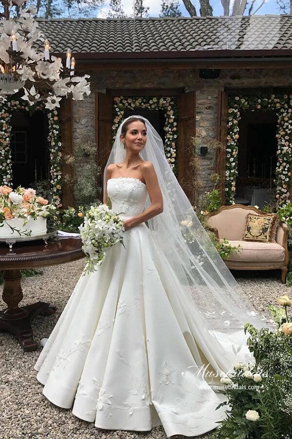 NumberSea Vintage Satin Strapless Ball Gown Wedding Dresses With Floral Lace, MW991