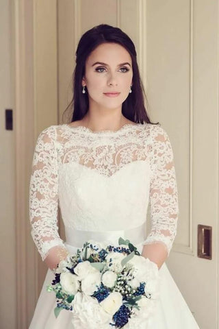 NumberSea Vintage Tüll Spitze A-Linie 3/4 Ärmel Brautkleider, Hochzeitskleider, MW815