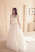 NumberSea Vintage Tulle Lace A-line 3/4 Sleeves Bridal Gowns, Wedding Dresses, MW815