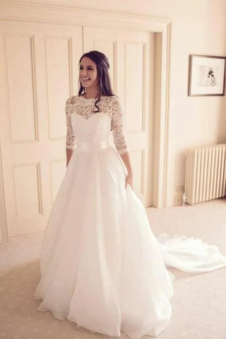 NumberSea Vintage Tüll Spitze A-Linie 3/4 Ärmel Brautkleider, Hochzeitskleider, MW815