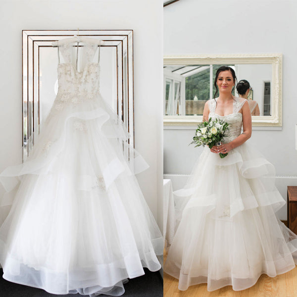 Robe de mariée vintage en organza ivoire à volants, applications sans manches et à plusieurs étages, WD0098