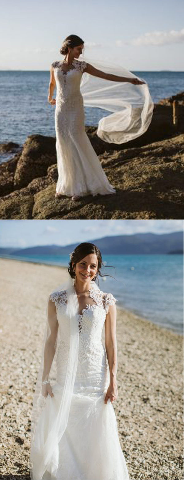 Vintage Lace Cap Sleeve See Through Back Wedding Dresses,DB0175