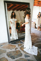 Abito da sposa vintage scollato sulle spalle, mezza manica, trasparente, pizzo avorio, color carne, WD0009