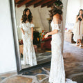 Abito da sposa vintage scollato sulle spalle, mezza manica, trasparente, pizzo avorio, color carne, WD0009