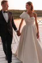 NumberSea Vintage Satin One Shoulder Ball Gown Wedding Dresses With Train, MW1015