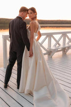 NumberSea Vintage Satin One Shoulder Ball Gown Wedding Dresses With Train, MW1015