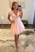 Vestido de Baile de Gala Cor-de-Rosa em Linha A, Decote V Profundo, Com Tule, Miçangas e Penas Y2863