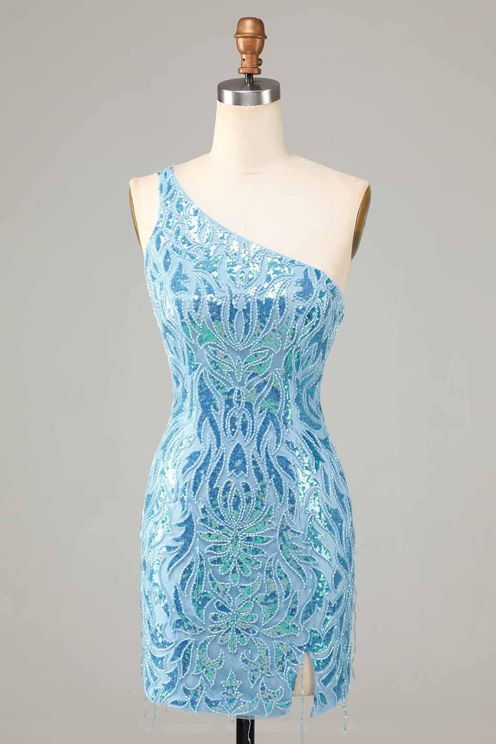 Vestido Curto de Baile de Finalistas Azul, Com Uma Alça e Brilhantes