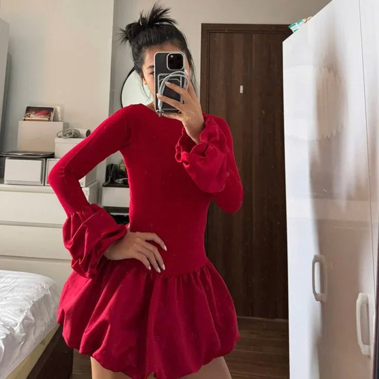 Rotes Langarm-Kleid A-Linie Mini Cocktailkleid Vornehmes Homecoming-Kleid Y8103