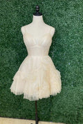 Elfenbeinfarbenes Homecoming-Kleid in A-Linie mit Trägern, kurzen Rüschen und kurzem Saum Y2778