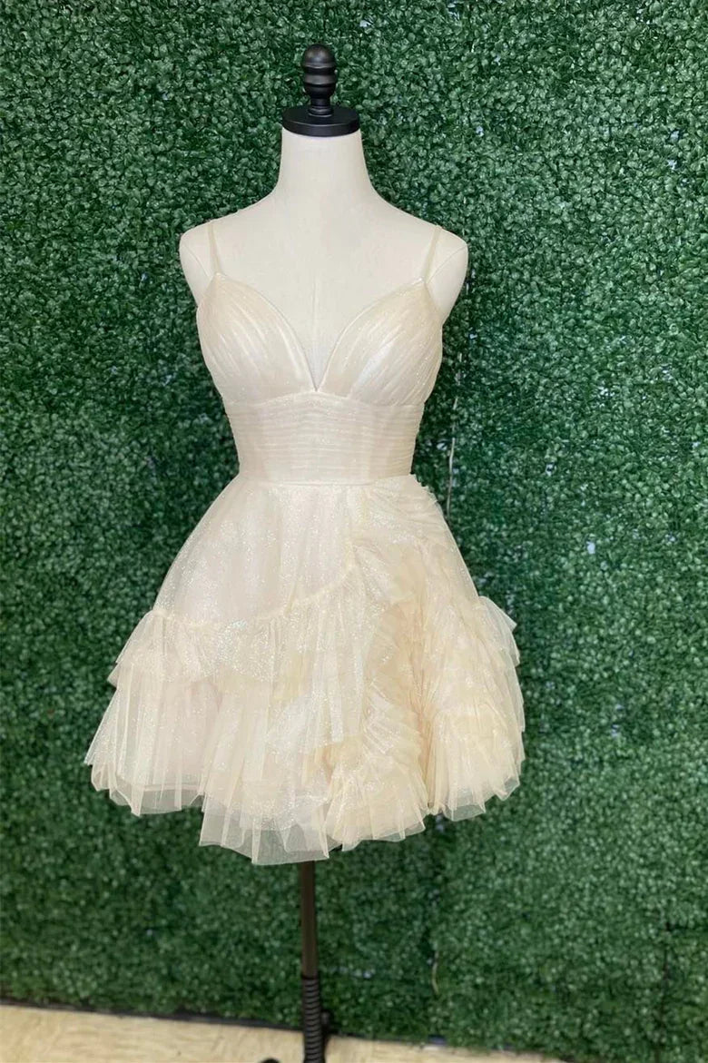 Vestido de fiesta de fin de curso con volantes cortos y tirantes color marfil en línea A Y2778