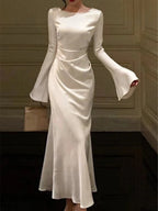 Robe de soirée en satin à col rond pour femme, robe de cocktail simple blanche Y6894