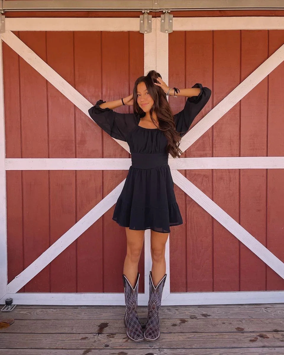 Vestido de vuelta a casa casual de línea A en chiffon negro Y2836