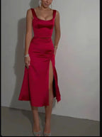 Mid Length Cocktailkleid Frontschlitz Lang Partykleid Kurze Satin Ballkleider Y695