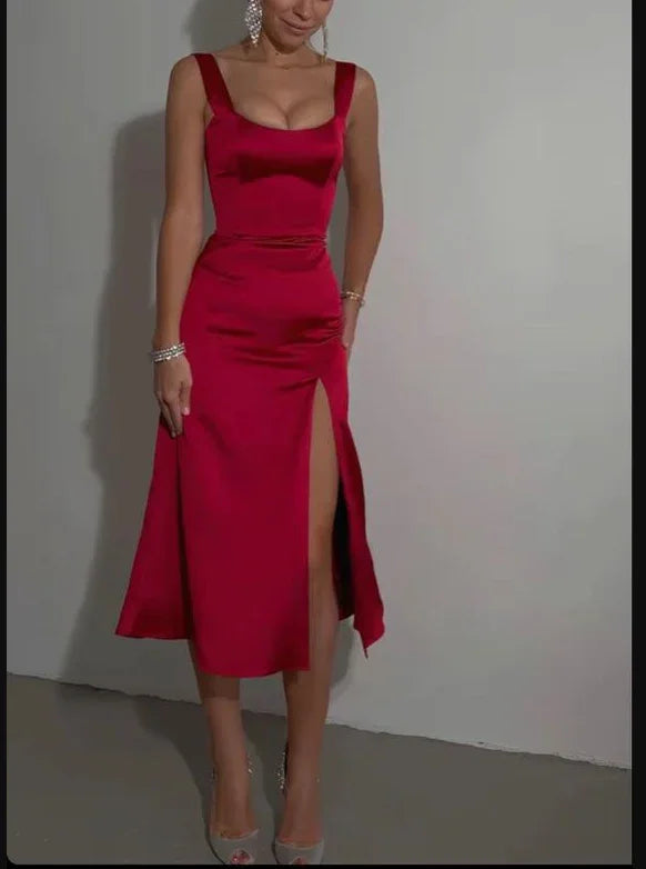 Mid Length Cocktailkleid Frontschlitz Lang Partykleid Kurze Satin Ballkleider Y695