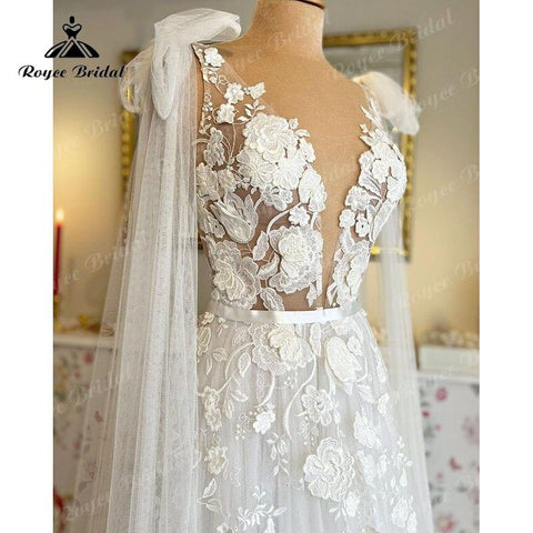 Hochzeitskleid mit Cape Tiefem V-Ausschnitt Spitzenapplikationen Floral Sweep 2025 Birdal Civil Beach Wedidng Kleider Vestidos de Novia Elegant