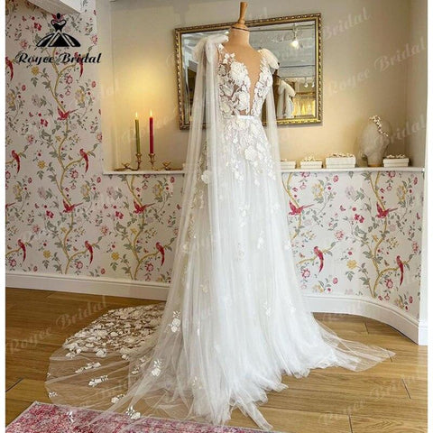 Hochzeitskleid mit Cape Tiefem V-Ausschnitt Spitzenapplikationen Floral Sweep 2025 Birdal Civil Beach Wedidng Kleider Vestidos de Novia Elegant
