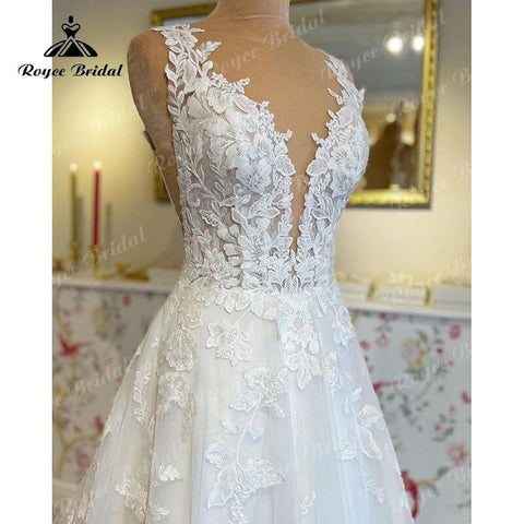 Hochzeitskleid mit V-Ausschnitt 2025 Luxus-Spitzenapplikationen Braut Hofschleppe Brautkleid für Frauen Maßgeschneiderte Vestidos de Novia