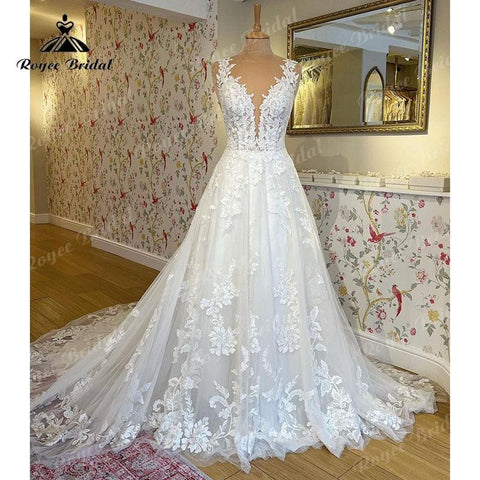Hochzeitskleid mit V-Ausschnitt 2025 Luxus-Spitzenapplikationen Braut Hofschleppe Brautkleid für Frauen Maßgeschneiderte Vestidos de Novia