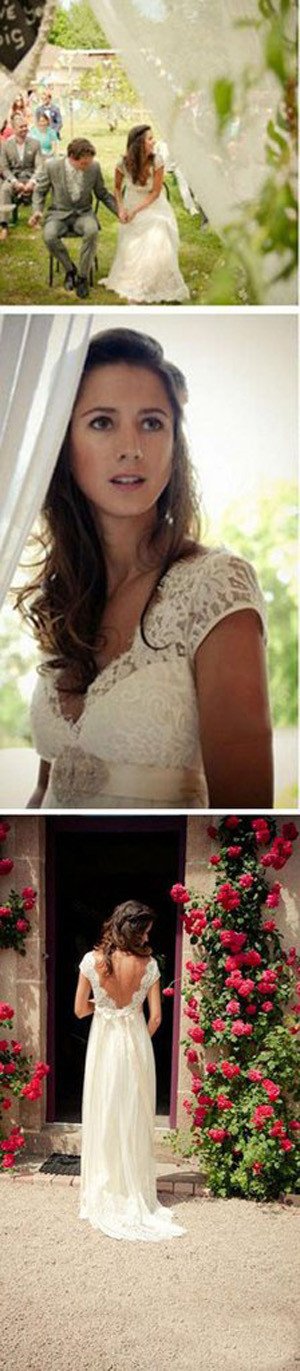 Cap Sleeve A Line V Back Cheap Long Lace Wedding Dresses, Bridal Dress, MW139