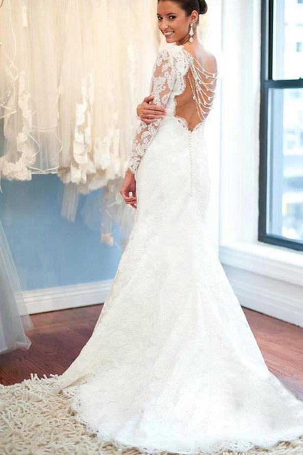 Robe de mariée sirène dos nu à manches longues en dentelle blanche avec encolure ronde, MW242