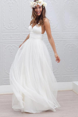 NumberSea Weißes Tüllkleid mit V-Ausschnitt und Spaghettiträgern, rückenfrei, schlichtes Strand-Brautkleid, MW188 