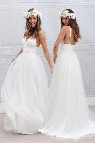 NumberSea Weißes Tüllkleid mit V-Ausschnitt und Spaghettiträgern, rückenfrei, schlichtes Strand-Brautkleid, MW188 