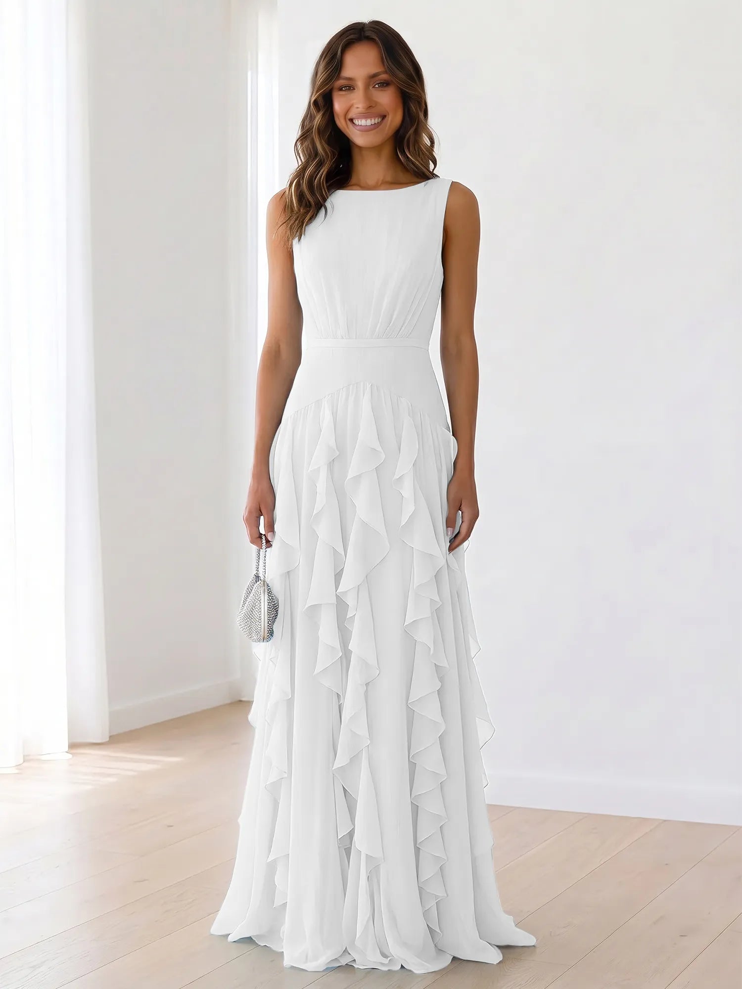 Sleeveless Tiered Chiffon Maxi Evening Gown with Ruched Bodice