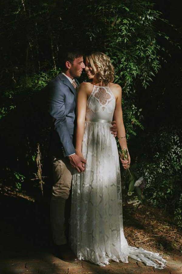 NumberSea White A-line Halter Sweep Train Lace Wedding Dresses, Wedding Gowns, MW725