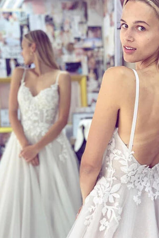 NumberSea Weißes A-Linien-Brautkleid mit Herzausschnitt und Spaghettiträgern, rückenfrei, Spitze, MW753