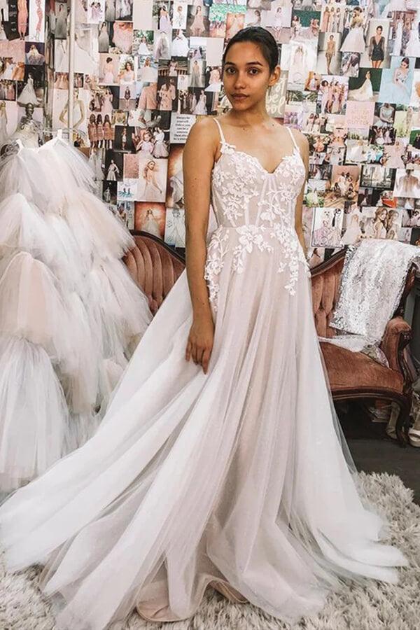 NumberSea White A-line Sweetheart Spaghetti Straps Backless Lace Wedding Dresses, MW753