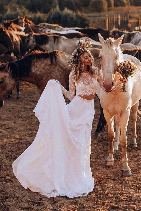 Vestido de Novia de Encaje de Dos Piezas con Mangas Largas Boho Chiffon Blanco NumberSea, MW564