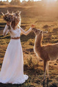 Vestido de Novia de Encaje de Dos Piezas con Mangas Largas Boho Chiffon Blanco NumberSea, MW564