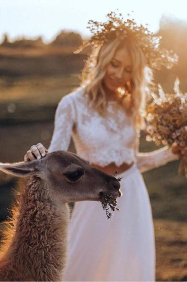 Vestido de Novia de Encaje de Dos Piezas con Mangas Largas Boho Chiffon Blanco NumberSea, MW564