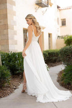 NumberSea White Chiffon Lace A-line Spaghetti Straps Flowy Beach Wedding Dresses, MW756