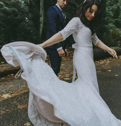 Robe de mariée sirène en dentelle blanche NumberSea à manches trois-quarts et col en V, robe de mariée, MW581