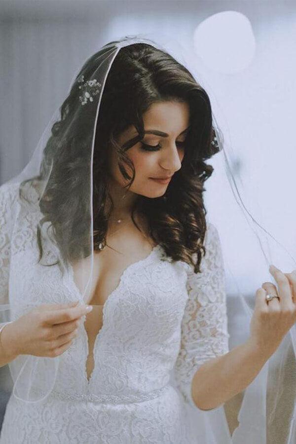 Robe de mariée sirène en dentelle blanche NumberSea à manches trois-quarts et col en V, robe de mariée, MW581