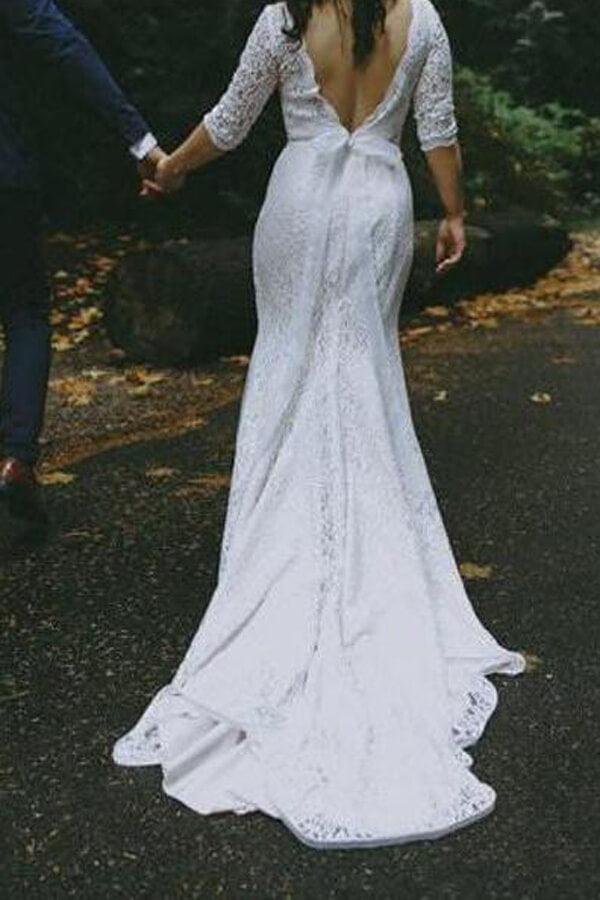 Robe de mariée sirène en dentelle blanche NumberSea à manches trois-quarts et col en V, robe de mariée, MW581