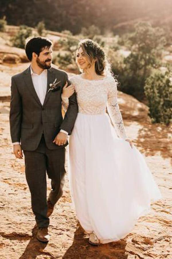NumberSea Abito da Sposa in Tulle e Pizzo Bianco con Maniche Lunghe per Spiaggia, Abito da Sposa, MW570