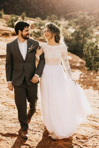 NumberSea Weißes Spitzentüllkleid mit langen Ärmeln, Strandhochzeitskleid, Brautkleid, MW570