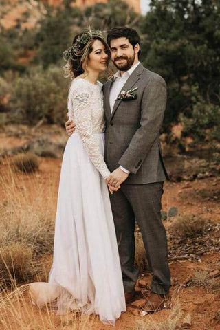 NumberSea Weißes Spitzentüllkleid mit langen Ärmeln, Strandhochzeitskleid, Brautkleid, MW570