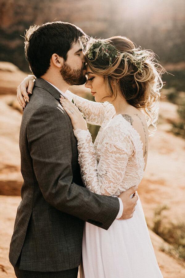 NumberSea Abito da Sposa in Tulle e Pizzo Bianco con Maniche Lunghe per Spiaggia, Abito da Sposa, MW570