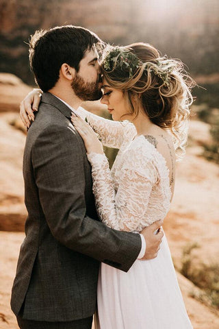 NumberSea Weißes Spitzentüllkleid mit langen Ärmeln, Strandhochzeitskleid, Brautkleid, MW570